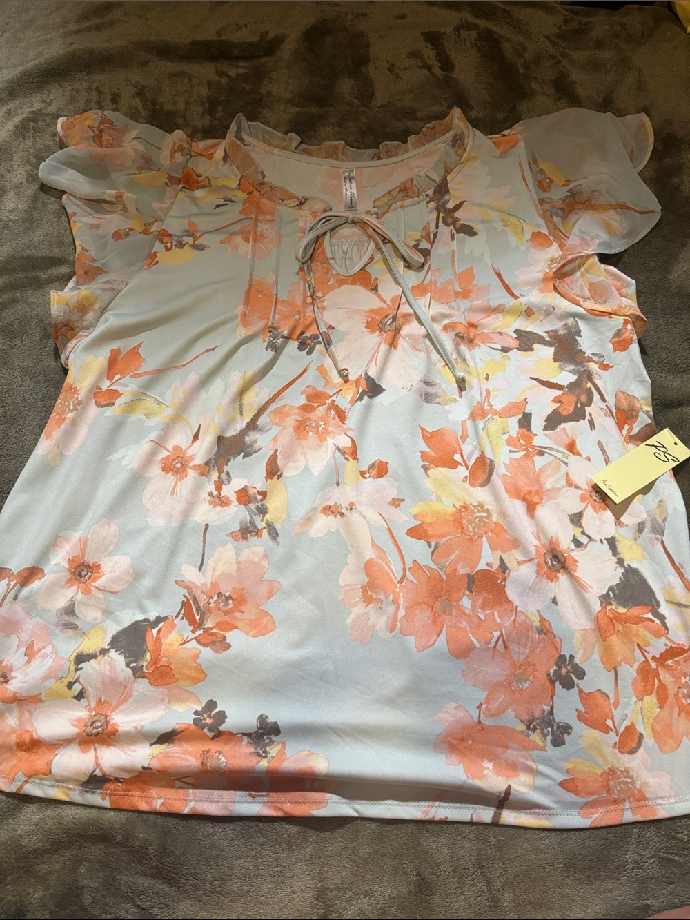 Perseption Peach Floral Tie-Neck Flutter Sleeve Blouse